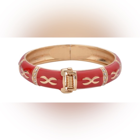 Red Enamel Bangle Bracelet 7.25” in Goldtone - Picture 4 of 5